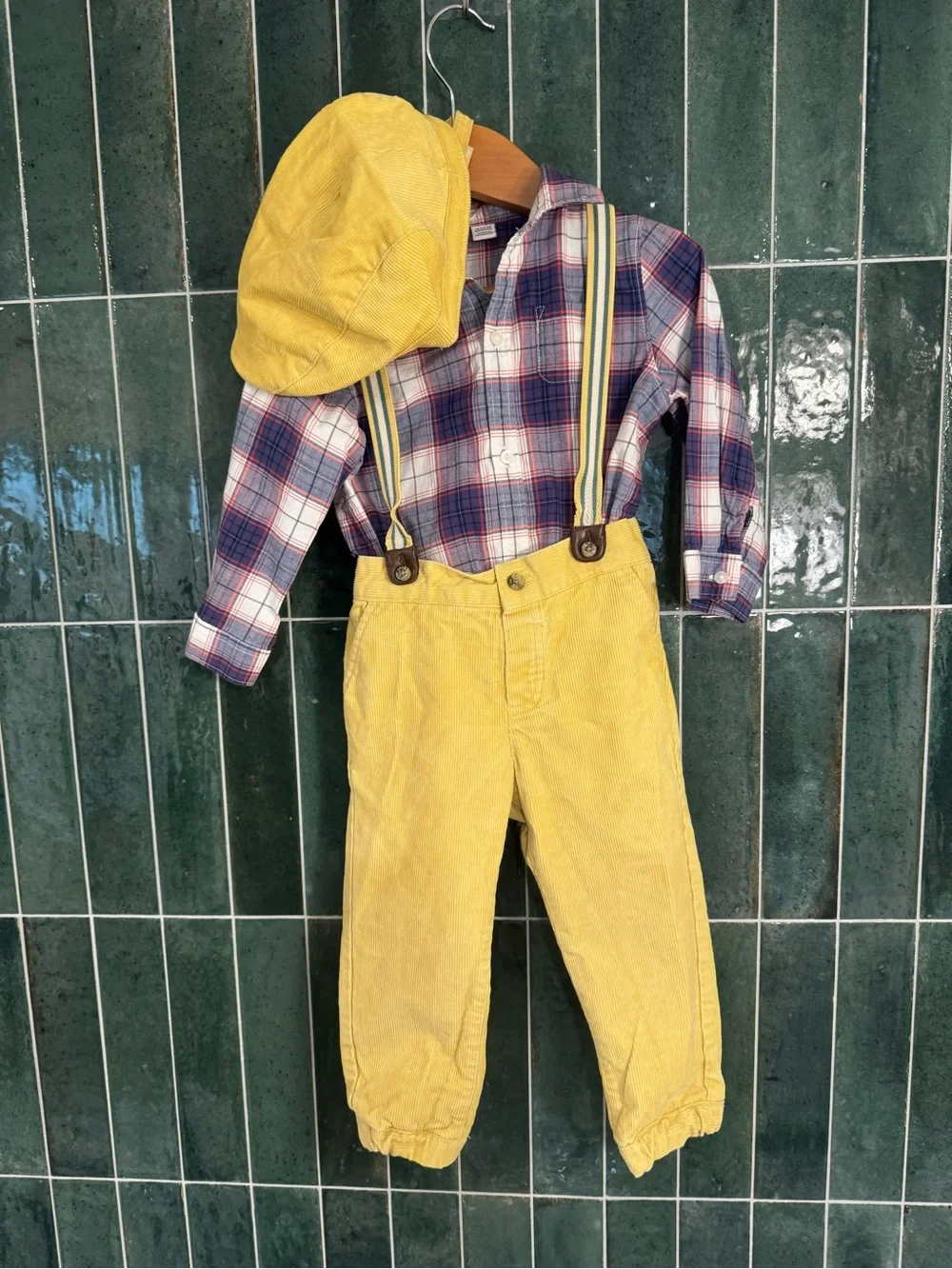 Janie and Jack Yellow Corduroy Overalls Set with Striped Suspenders and Cap